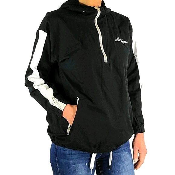 Forever 21 Quarter Zip LOS ANGELES Mesh Lined Hoodie Size Small Black White - Picture 4 of 9